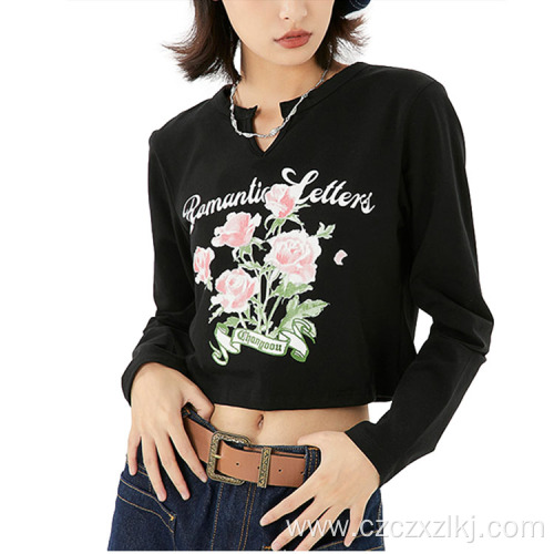 Fashion Vintage Alphabet Plant Floral Short Top